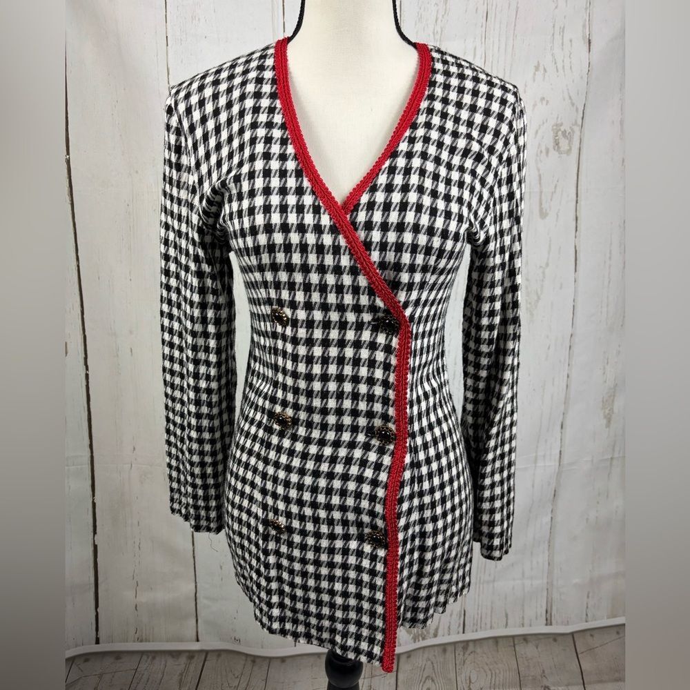 Vintage 80s Women’s Jacket Cardigan Houndstooth with Red Trim Double-Breasted